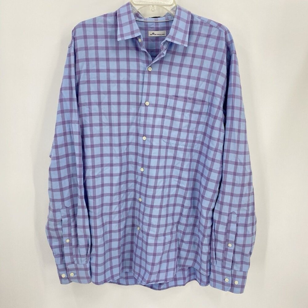 Peter Millar Cotton Silk Dress Shirt Blue Purple Plaid Mens Extra Large